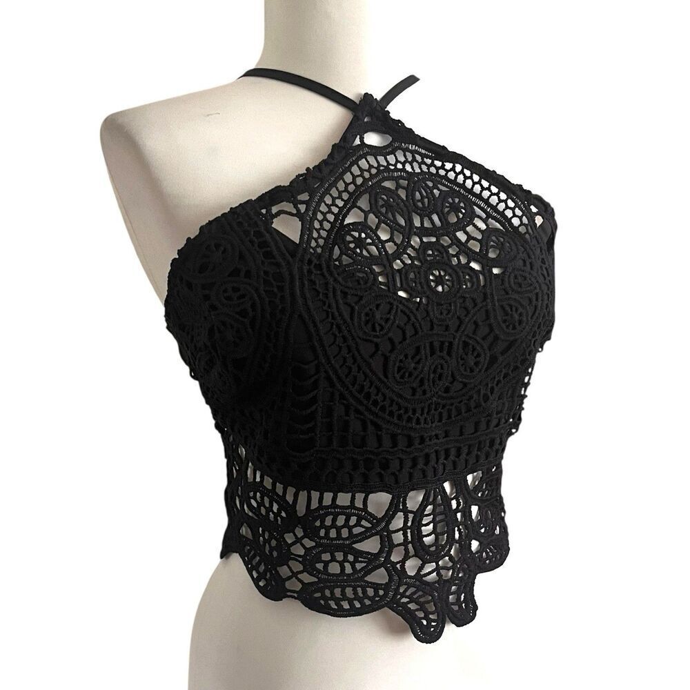 Y2K Crochet corset Crop Top Black Lace-Up Back S Goth Whimsigoth renaissance - Picture 3 of 9